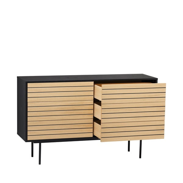 Comodă neagră/în culoare naturală joasă cu aspect de lemn de stejar 140x84 cm Stripe – Woodman-image-2