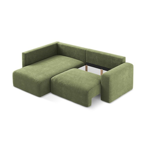 Colțar verde extensibil/cu spațiu de depozitare cu tapițerie din chenille (cu colț pe partea stângă/în formă de ”L”) Kona – Makamii-image-4