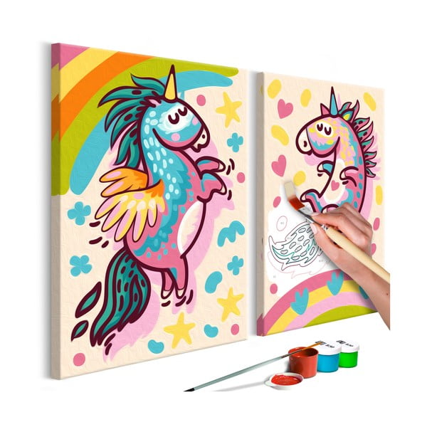 Set DIY pentru crearea unei picturi pe pânză din două părți Artgeist Chubby Unicorns, 33 x 23 cm