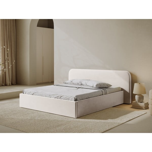 Pat matrimonial fildeș tapițat cu spațiu de depozitare cu somieră 200x200 cm Elizabeth – Micadoni -image-1