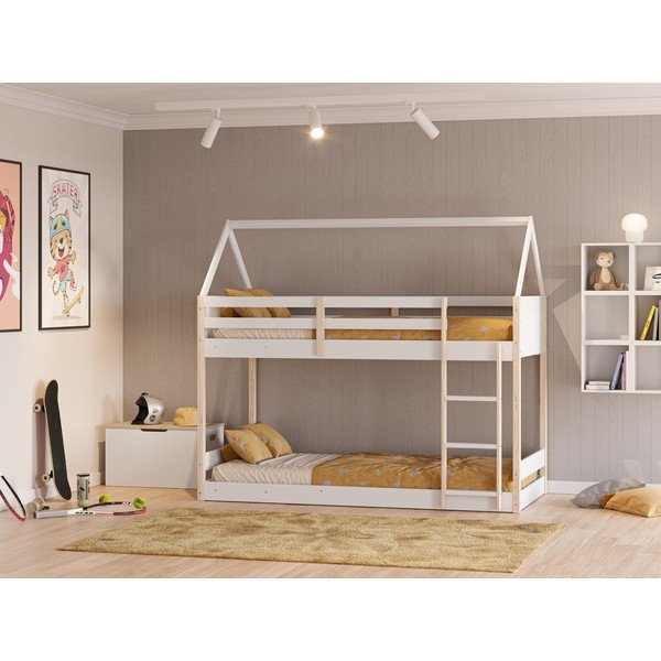 Pat pentru copii  alb/în culoare naturală de tip casă/supraetajat 90x190 cm Valka – Marckeric-image-1