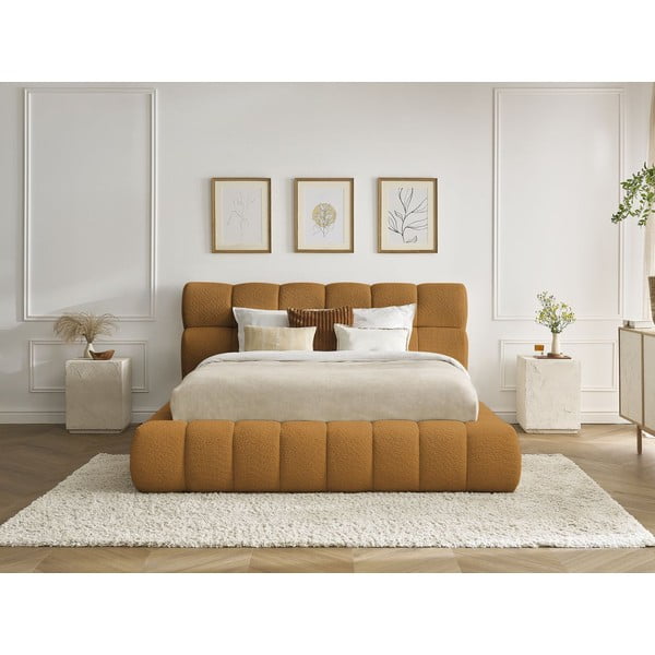 Pat matrimonial galben muștar tapițat cu spațiu de depozitare cu somieră 160x200 cm Mont Blanc – Bobochic Paris-image-1