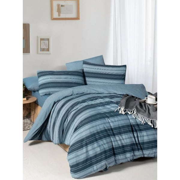 Lenjerie de pat albastră pentru pat dublu/canapea extinsă cu cearceaf inclus/cu 4 piese 200x220 cm Stripes – Mila Home