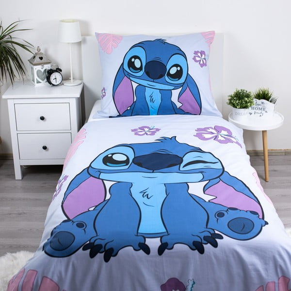 Lenjerie de pat pentru copii albastră-mov din bumbac pentru pat de o persoană 140x200 cm Lilo and Stitch "Cute" – Jerry Fabrics-image-1