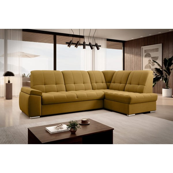 Colțar galben extensibil/cu spațiu de depozitare cu tapițerie din catifea (cu colț pe partea dreaptă/în formă de ”L”) Sado – ELTAP-image-4