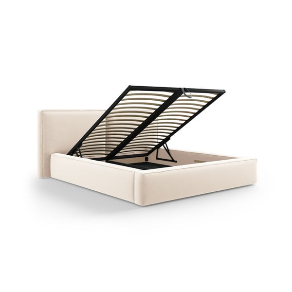 Pat matrimonial crem tapițat din catifea cu spațiu de depozitare cu somieră 180x200 cm Arendal – Cosmopolitan Design-image-2