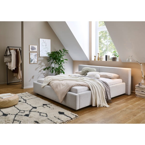 Pat matrimonial gri deschis tapițat cu spațiu de depozitare cu somieră 160x200 cm Cube – Meise Möbel-image-1