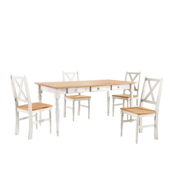 Set 4 scaune și masă din lemn Støraa Normann, 160 x 80 cm, cadru alb, blat natural