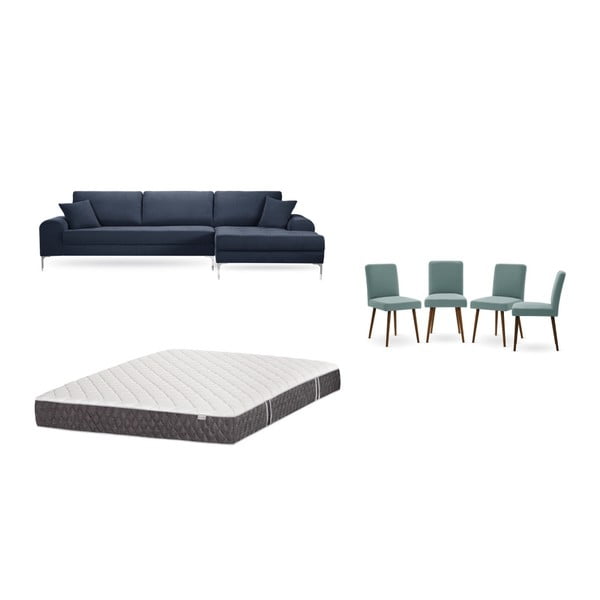 Set canapea albastru închis cu șezlong pe partea dreaptă, 4 scaune gri-verde și saltea 160 x 200 cm Home Essentials