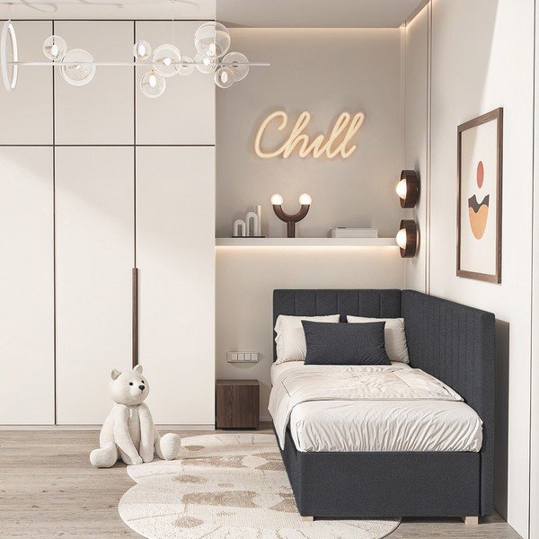 Pat pentru copii  albastru închis pe colț cu spațiu de depozitare cu saltea 90x200 cm Snugi – Ghado-image-1