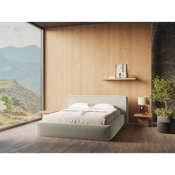 Pat matrimonial crem tapițat cu spațiu de depozitare cu somieră 180x200 cm Kiana – Makamii-image-1