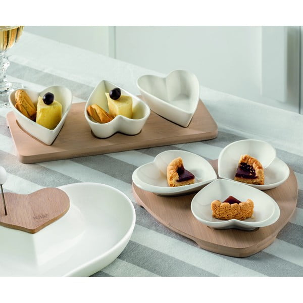 Set 3 boluri din porțelan pentru servire, cu suport din bambus Brandani Hearts-image-1