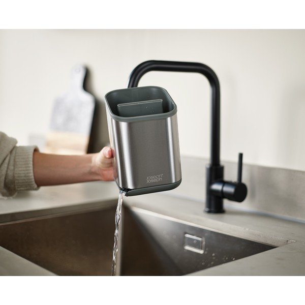 Scurgător de vase argintiu lucios pentru tacâmuri din oțel inoxidabil 11x11,5 cm Duo Steel – Joseph Joseph-image-3