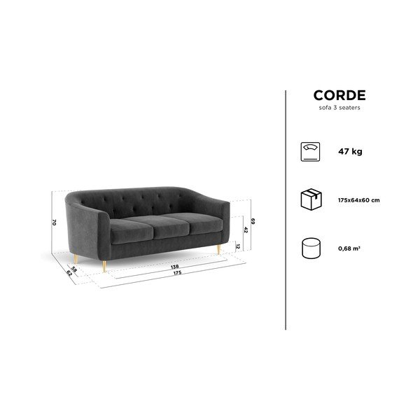 Canapea cu tapițerie din catifea Kooko Home Corde, 175 cm, gri închis-image-2
