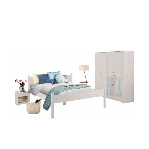 Mobilier din lemn de pin cu 3 corpuri pentru dormitor dublu Støraa Bangor, alb-image-2