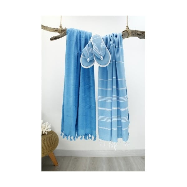 Set 2 prosoape și șlapi Hammam Classic Style, albastru