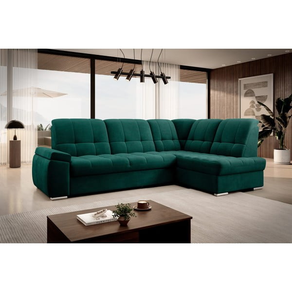 Colțar verde extensibil/cu spațiu de depozitare cu tapițerie din catifea (cu colț pe partea dreaptă/în formă de ”L”) Sado – ELTAP-image-4