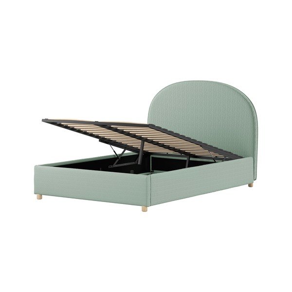 Pat matrimonial verde tapițat cu spațiu de depozitare cu somieră 140x200 cm Moon – Vipack-image-4