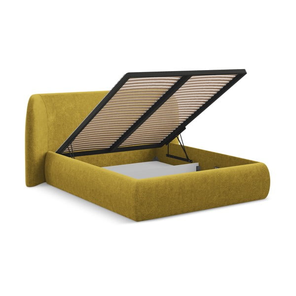 Pat matrimonial galben muștar tapițat cu spațiu de depozitare cu somieră 180x200 cm Hauke – Makamii-image-2