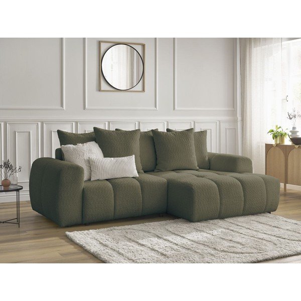 Colțar kaki extensibil/cu spațiu de depozitare cu tapițerie din țesătură bouclé (cu colț pe partea dreaptă/cu șezlong) Roxelane – Bobochic Paris-image-4