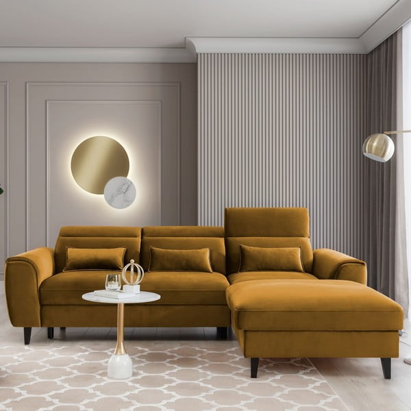 Colțar galben extensibil/cu spațiu de depozitare cu tapițerie din catifea (cu colț pe partea dreaptă/cu șezlong) Foble – ELTAP-image-1