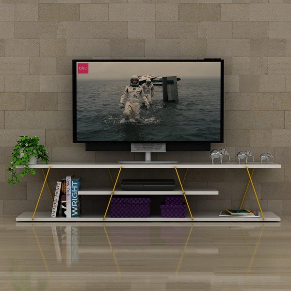 Comodă TV cu detalii galbene Rafevi Tars, alb-image-1