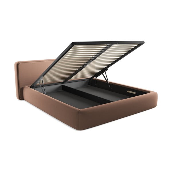 Pat matrimonial roz deschis tapițat cu spațiu de depozitare cu somieră 180x200 cm Kiana – Makamii-image-3