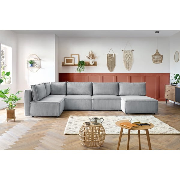 Colțar gri deschis cu tapițerie din catifea reiată  (în formă de "U"/cu colț variabil) Nihad modular – Bobochic Paris-image-1