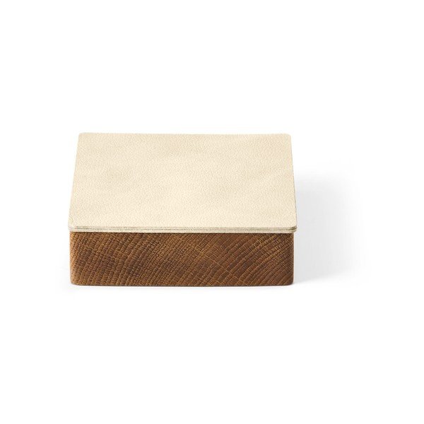 Cutie de depozitare crem-în culoare naturală din lemn și din piele ecologică cu capac, decorativă 11x11x3,5 cm Square Nupo – LIND DNA