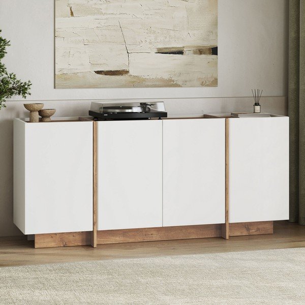 Comodă albă cu aspect de lemn de pin cu orificiu pentru cabluri 180x80x45 cm Dorma – Kalune Design-image-3