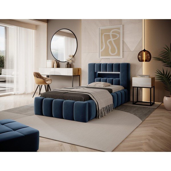 Pat albastru închis tapițat cu spațiu de depozitare cu somieră 90x200 cm Lamica – ELTAP-image-1