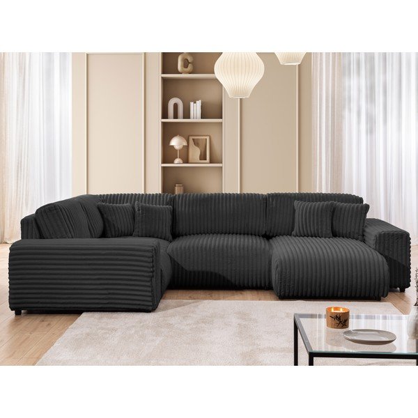 Colțar gri închis cu tapițerie din catifea reiată  (cu colț pe partea stângă/în formă de "U") Justin – Ropez-image-1