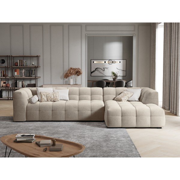 Colțar cu tapițerie din catifea și șezlong pe partea dreaptă Windsor & Co Sofas Vesta, bej-image-1
