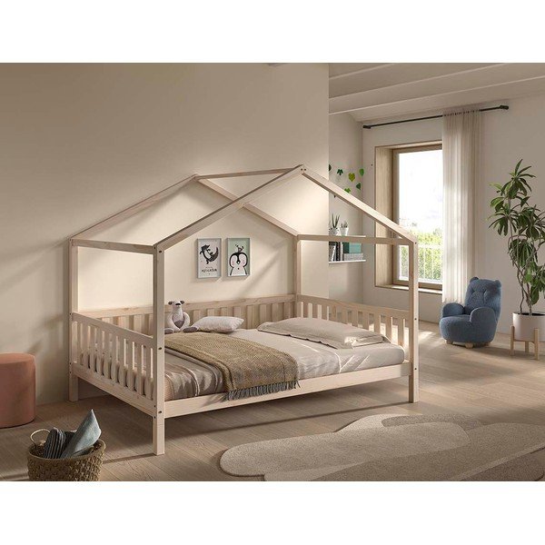 Pat pentru copii  în culoare naturală de tip casă din lemn de pin cu somieră 140x200 cm Dallas – Vipack-image-1