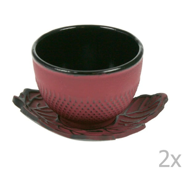 Set 2 căni cu farfurie Cosy & Trendy Tea Leaf, 150 ml, roșu