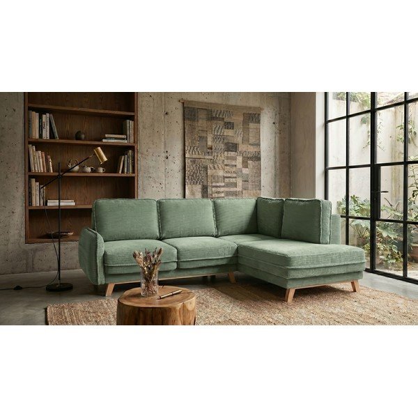 Colțar verde deschis extensibil cu tapițerie din catifea reiată (cu colț pe partea dreaptă) Tori – Bonami Selection-image-1