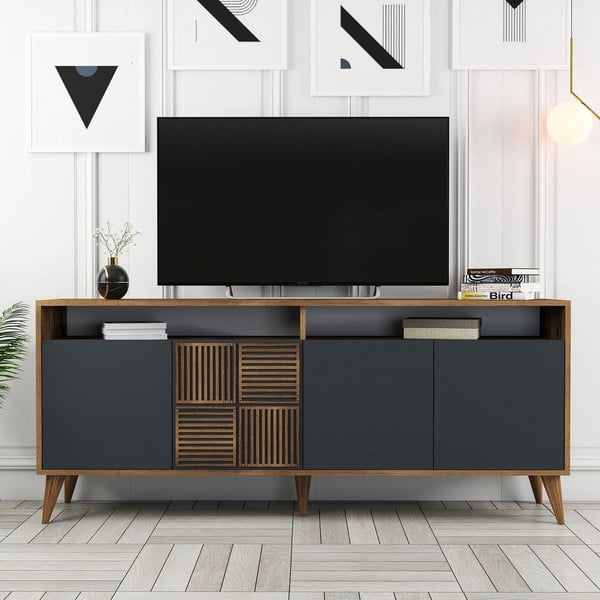 Comodă gri antracit/în culoare naturală joasă cu aspect de lemn de nuc 180x79 cm Milan – Kalune Design-image-3