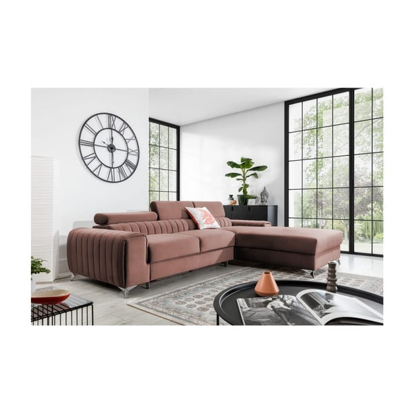 Colțar roz extensibil/cu spațiu de depozitare cu tapițerie din catifea (cu colț pe partea dreaptă/cu șezlong) Grayson – ELTAP-image-1