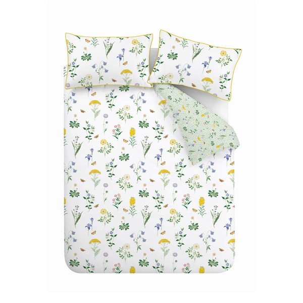 Lenjerie de pat albă-verde din bumbac pentru pat dublu/extinsă 230x220 cm Botanical Cottage Garden  – RHS