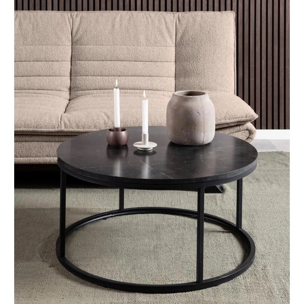 Măsuță de cafea neagră rotundă cu blat cu aspect de marmură ø 80 cm Spiro – Actona-image-1