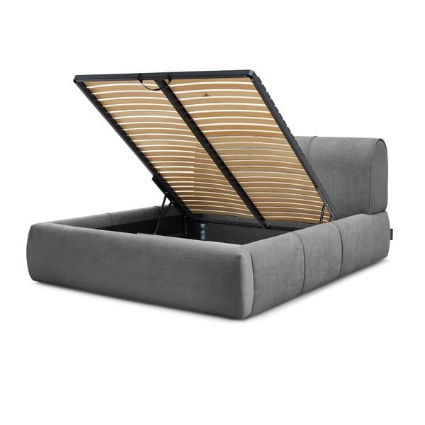 Pat matrimonial gri tapițat cu spațiu de depozitare și somieră 180x200 cm Vernon – Bobochic Paris-image-4