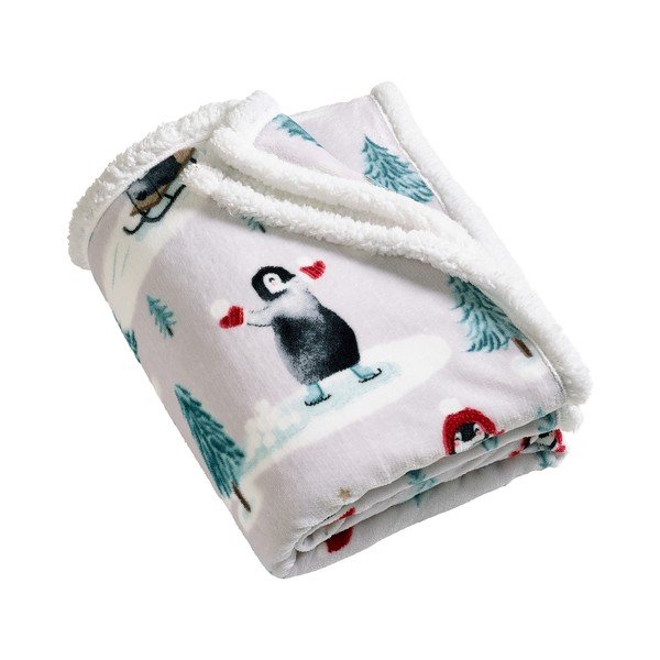 Pătură albă 170x130 cm  cu model de Crăciun Christmas Sherpa Penguins – Catherine Lansfield