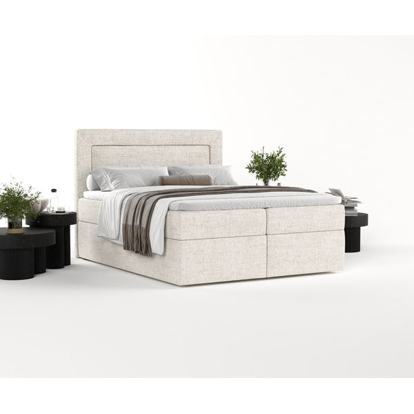 Pat boxspring crem cu spațiu de depozitare 200x200 cm Imagine – Maison de Rêve-image-2
