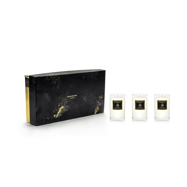 Set 3 lumânări parfumate în cutie de cadou, cu aromă de ylang-ylang și iasomie Bahoma London Travel Candle