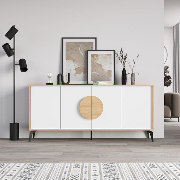 Comodă albă/în culoare naturală joasă cu aspect de lemn de stejar 180x82 cm Vae – Marckeric-image-3