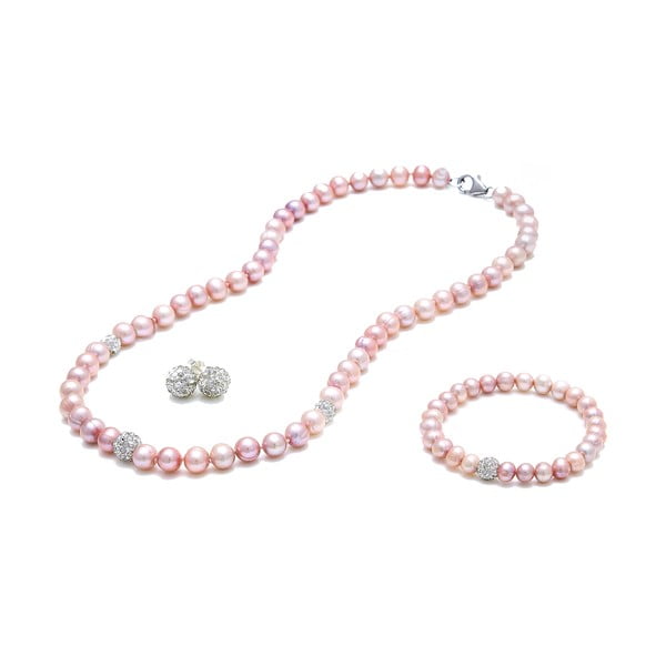 Set colier, cercei și brățară din perle de râu GemSeller Verna, perle roz