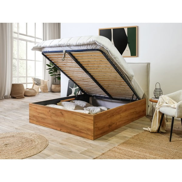 Pat matrimonial bej/în culoare naturală cu spațiu de depozitare și somieră 160x200 cm Cara – Bobochic Paris-image-4