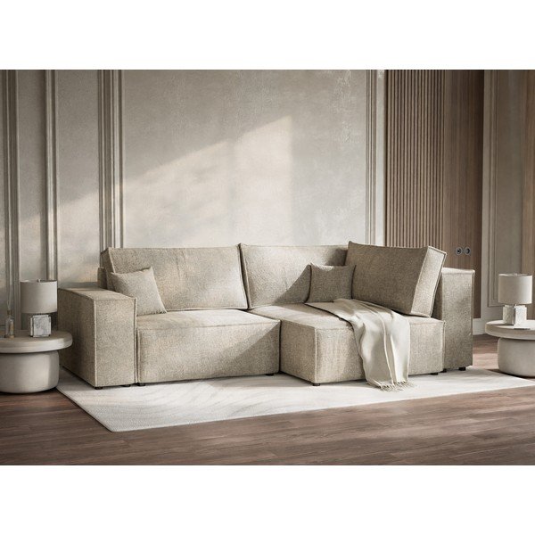 Colțar bej extensibil/cu spațiu de depozitare cu tapițerie din chenille (cu colț pe partea dreaptă/în formă de ”L”) Tonga – Maison de Rêve-image-4