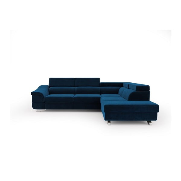 Colțar extensibil cu tapițerie de catifea și șezlong pe partea dreaptă Windsor & Co Sofas Apollon, albastru