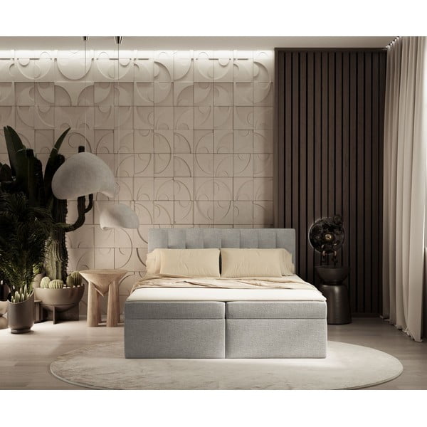 Pat boxspring gri deschis cu spațiu de depozitare 160x200 cm Novento – Maison de Rêve-image-3